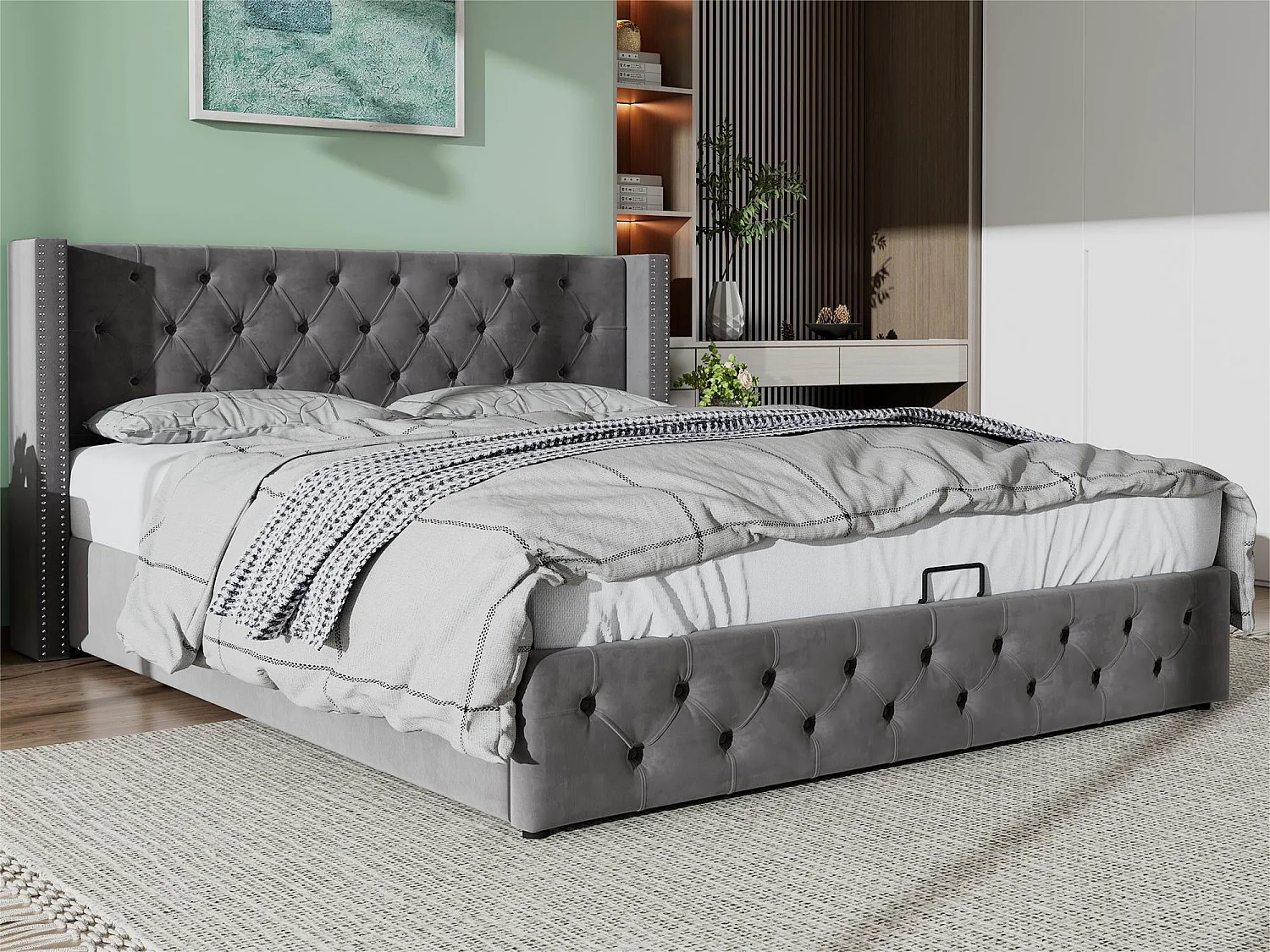 Fluwelen opbergbed 180x200cm met lattenbodem - Grijs