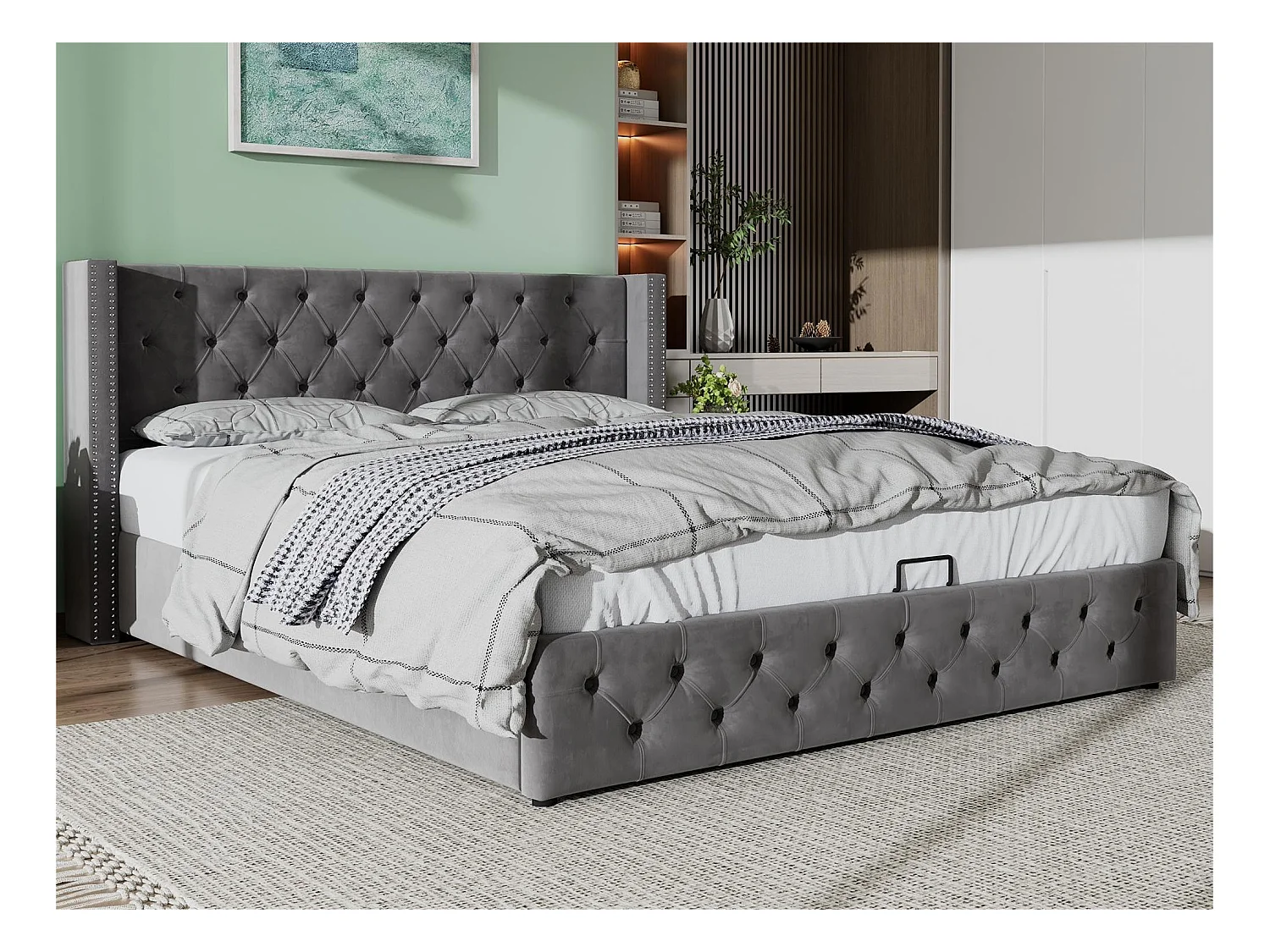 Lit coffre 180x200cm en velours avec sommier à lattes - Gris
