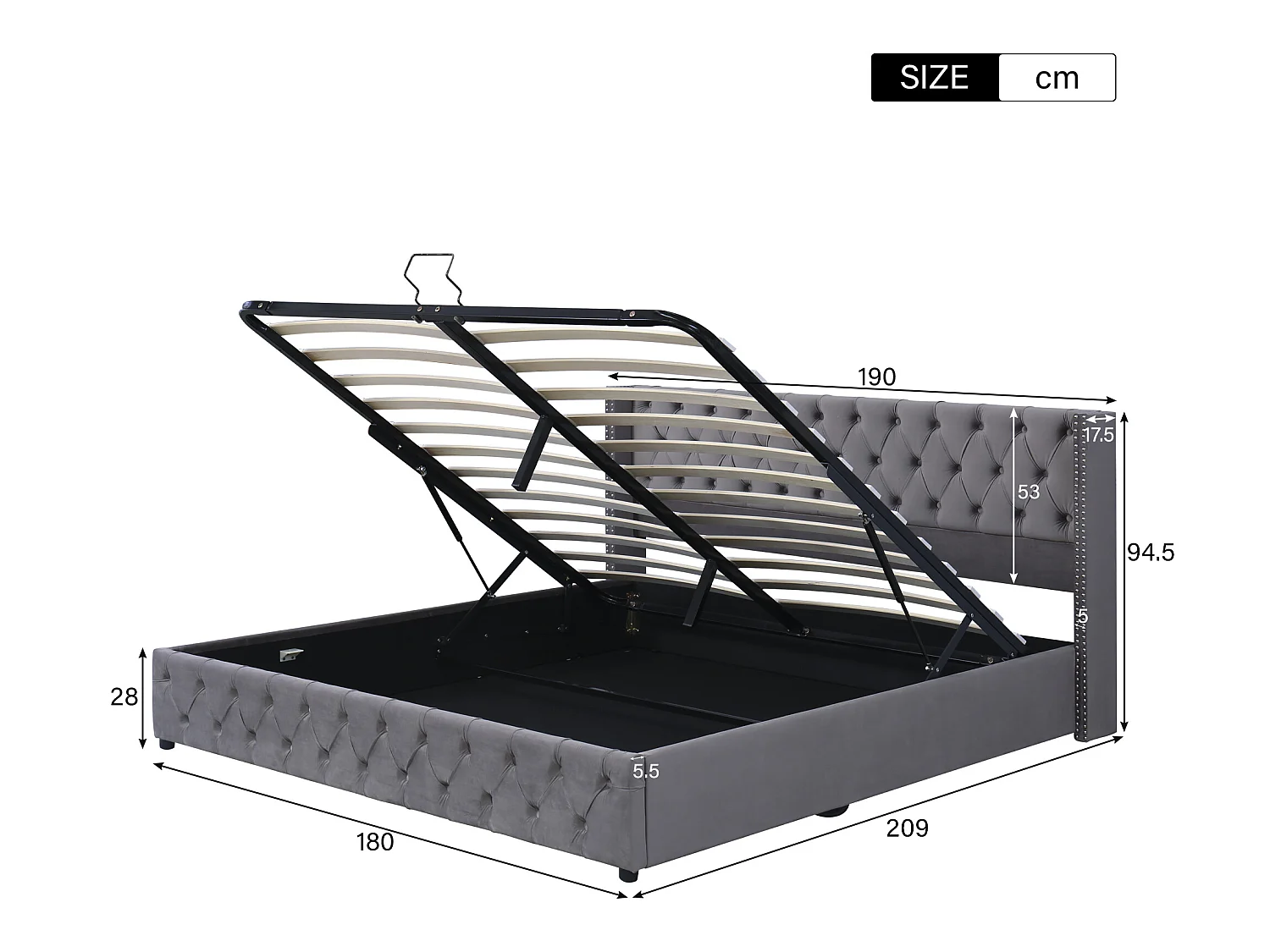 180 x 200 cm großes Samtbett mit Lattenrost – Grau