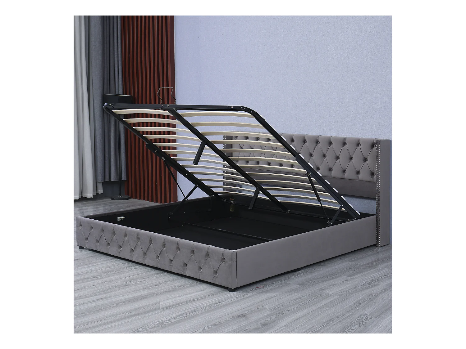 180 x 200 cm großes Samtbett mit Lattenrost – Grau