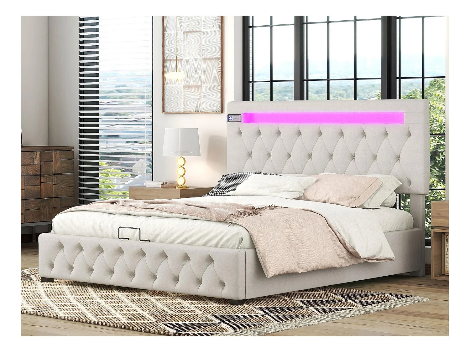 Linnenopbergbed 140x200cm met LED + USB-poorten + Bluetooth-lezer - lattenbodem - Beige