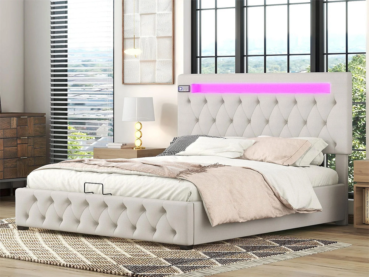 Lit coffre 140x200cm en lin avec Led + ports USB + lecteur bluetooth - sommier à lattes - Beige