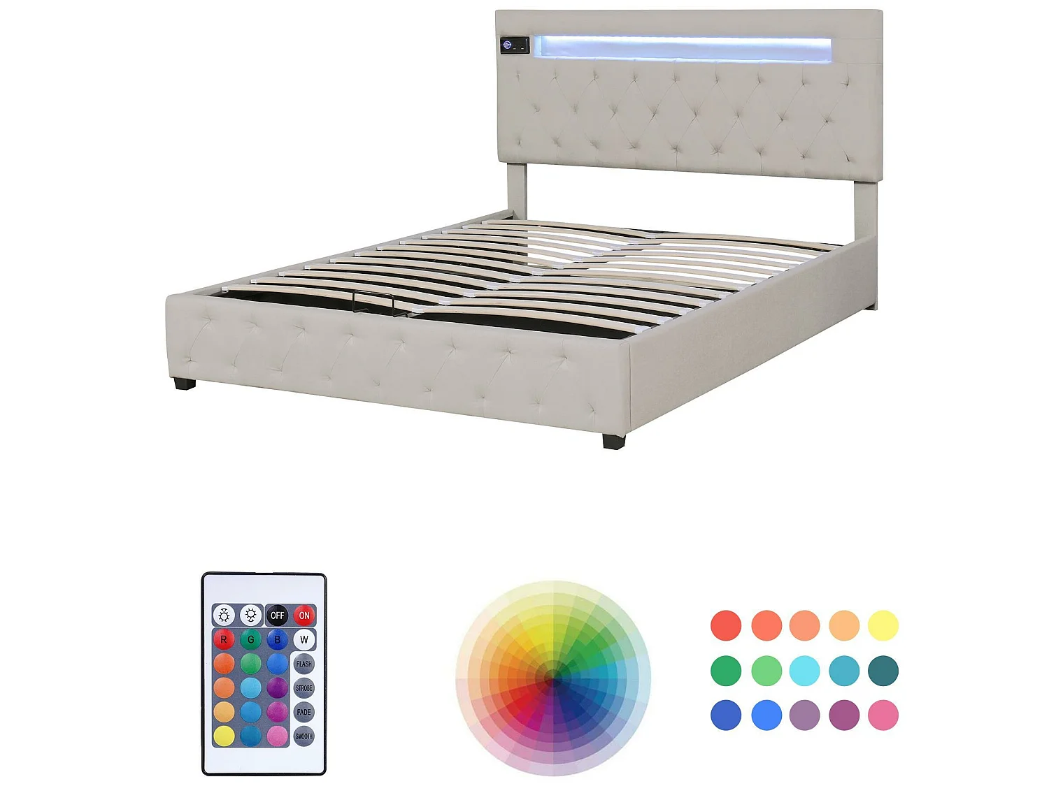 Lit coffre 140x200cm en lin avec Led + ports USB + lecteur bluetooth - sommier à lattes - Beige