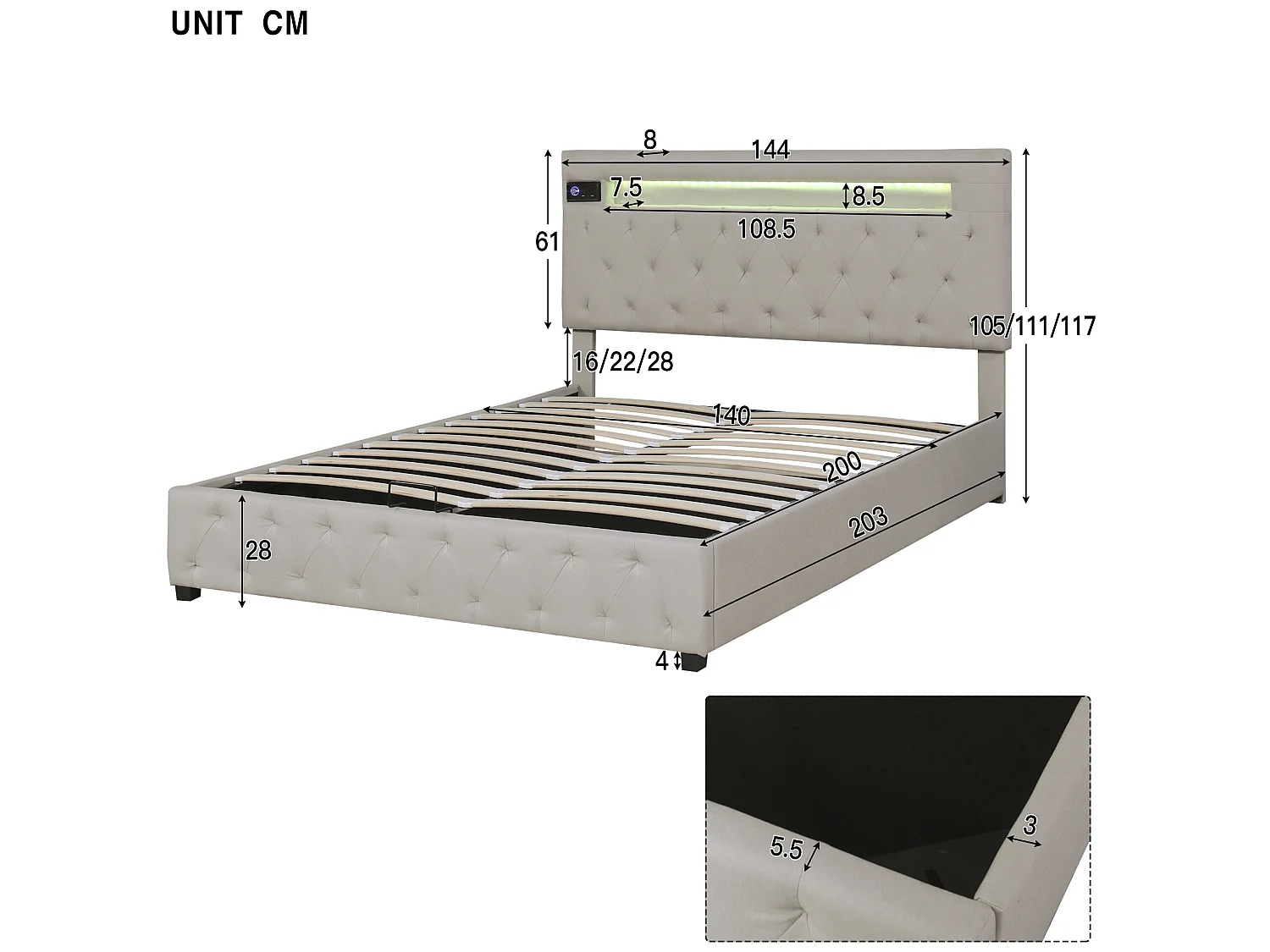 Lit coffre 140x200cm en lin avec Led + ports USB + lecteur bluetooth - sommier à lattes - Beige
