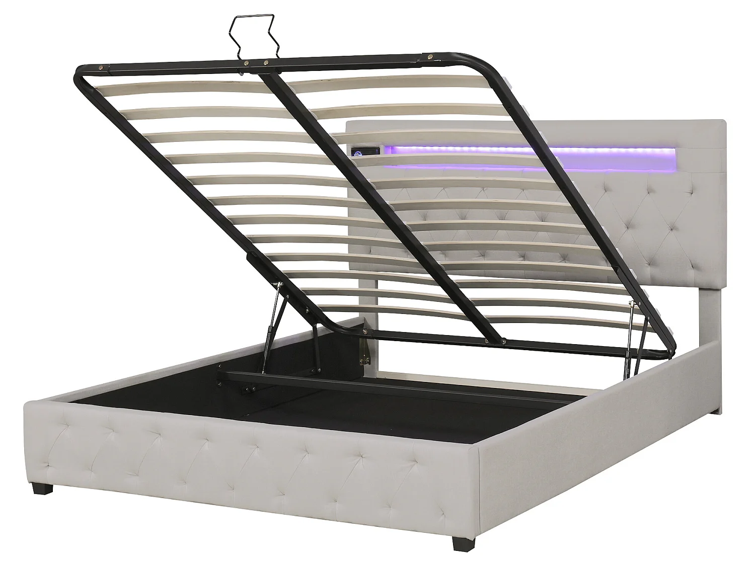 Lit coffre 140x200cm en lin avec Led + ports USB + lecteur bluetooth - sommier à lattes - Beige