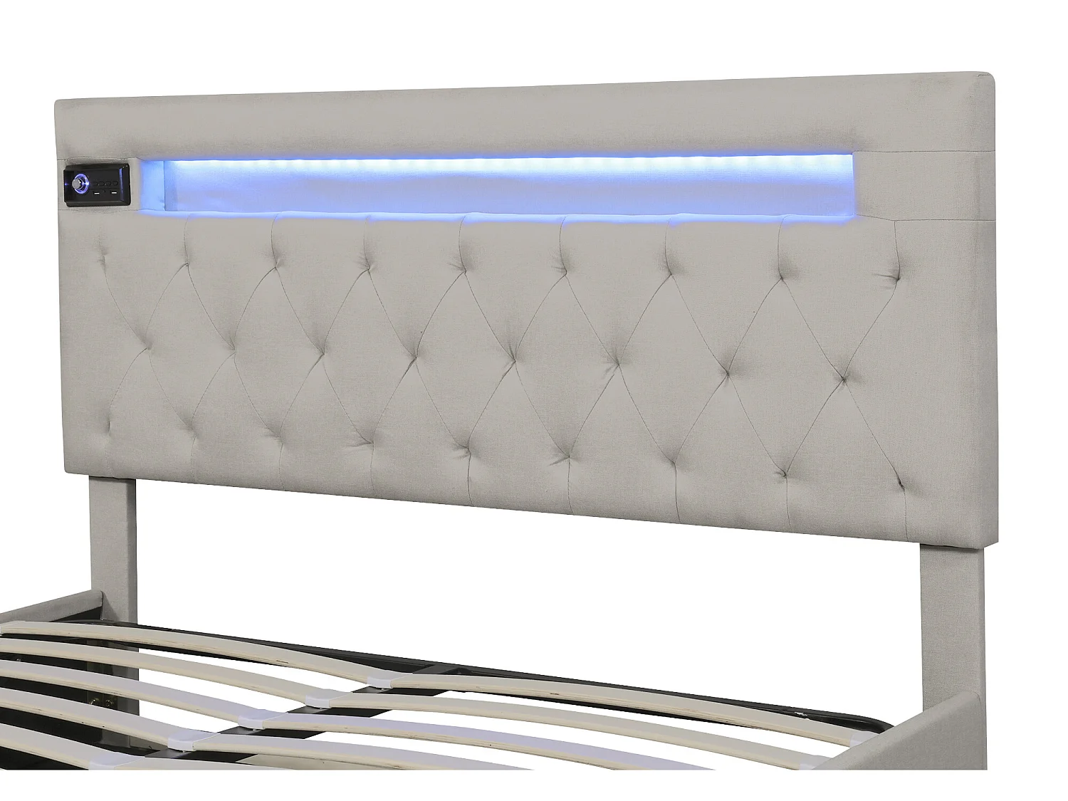 Lit coffre 140x200cm en lin avec Led + ports USB + lecteur bluetooth - sommier à lattes - Beige