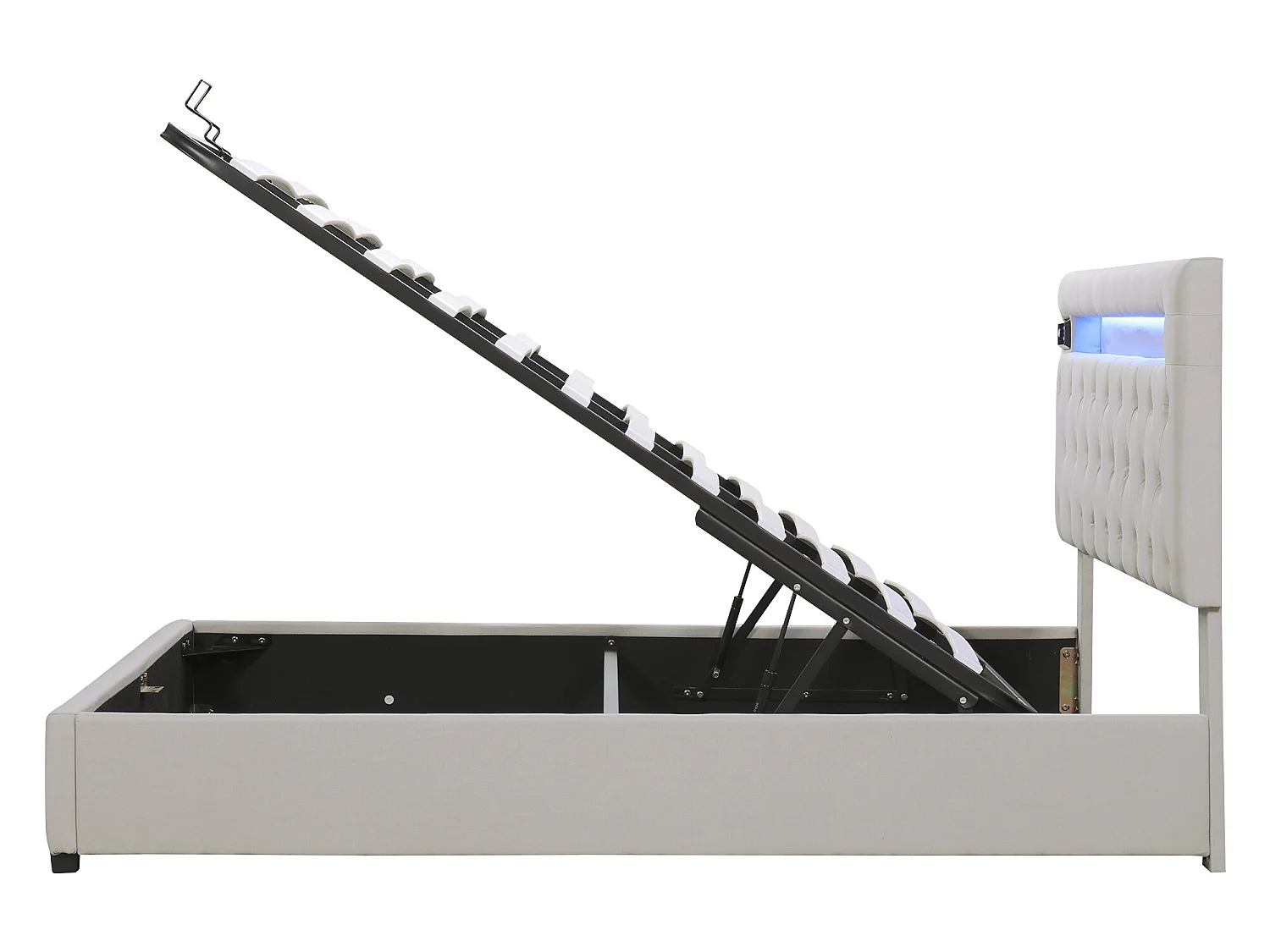 Lit coffre 140x200cm en lin avec Led + ports USB + lecteur bluetooth - sommier à lattes - Beige