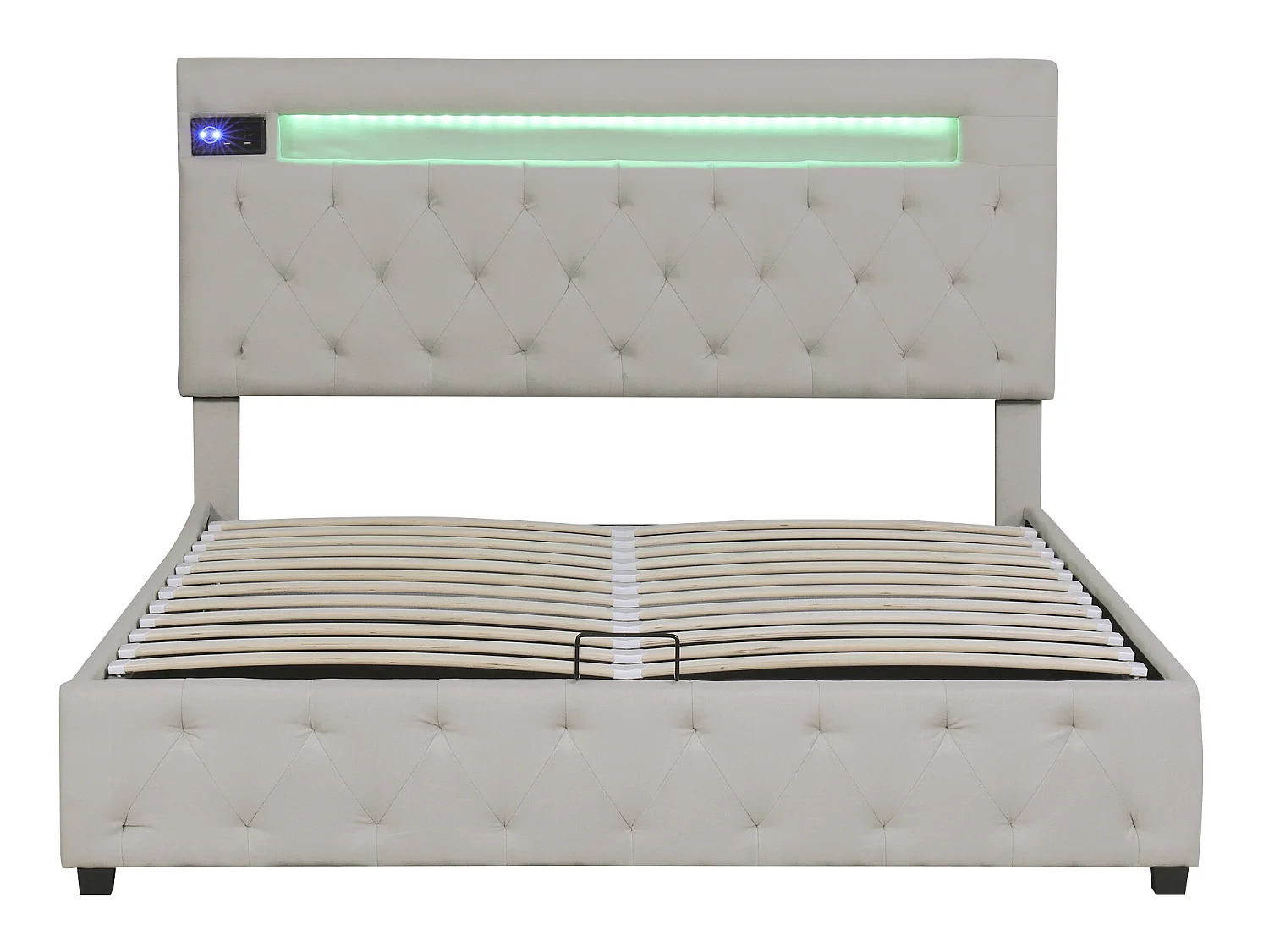 Lit coffre 140x200cm en lin avec Led + ports USB + lecteur bluetooth - sommier à lattes - Beige