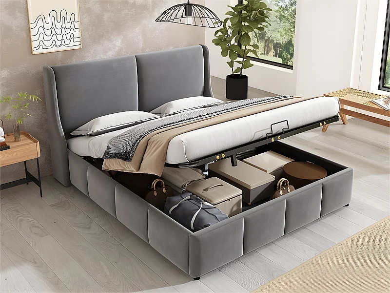 Gestoffeerd opbergbed 160x200cm in fluweel - opbergbed met lattenbodem - Grijs