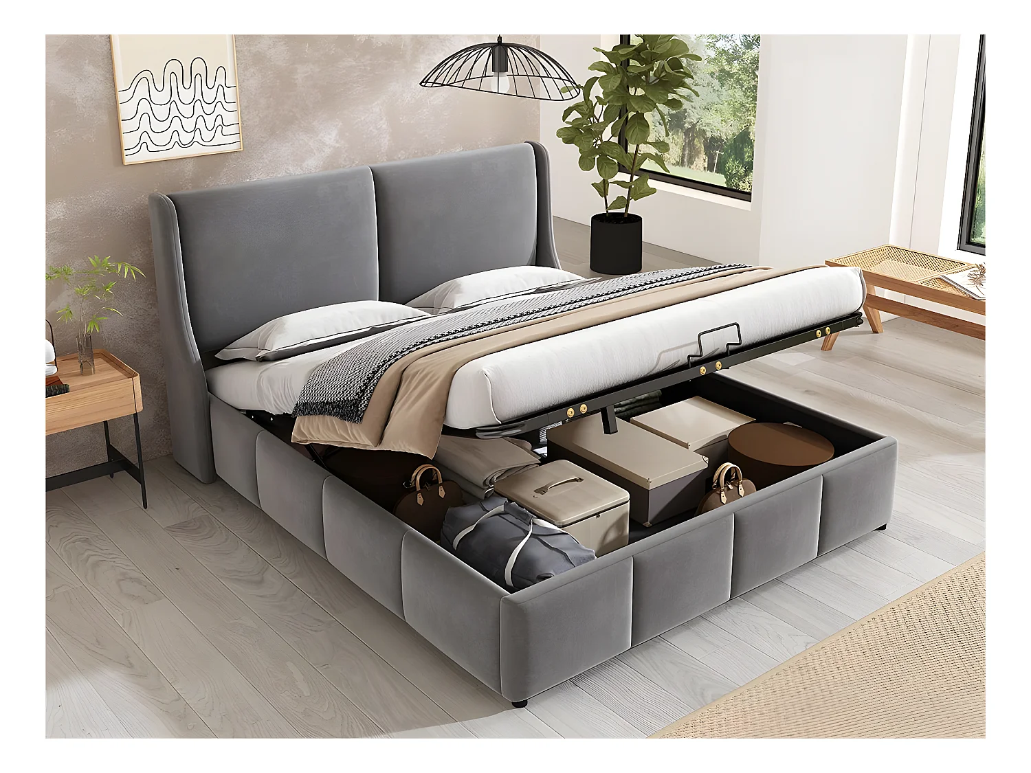 Gestoffeerd opbergbed 160x200cm in fluweel - opbergbed met lattenbodem - Grijs