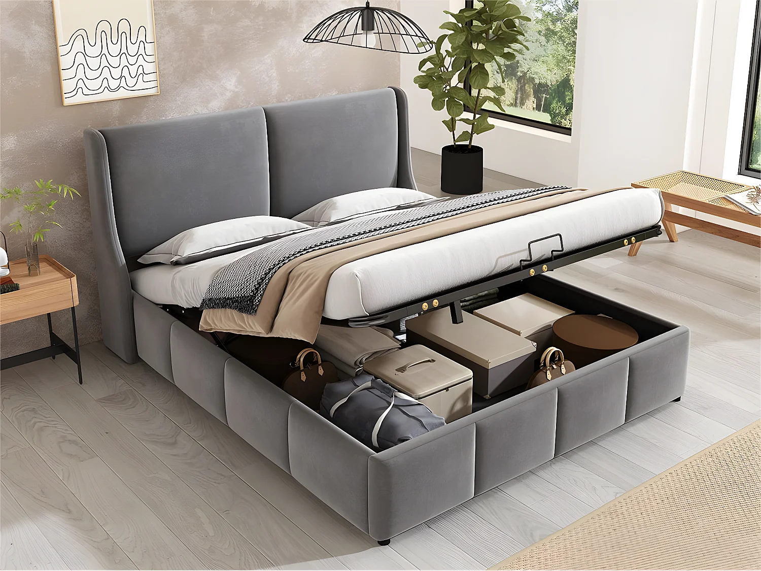 Letto contenitore imbottito 160x200 cm in velluto - letto contenitore con rete a doghe - Grigio