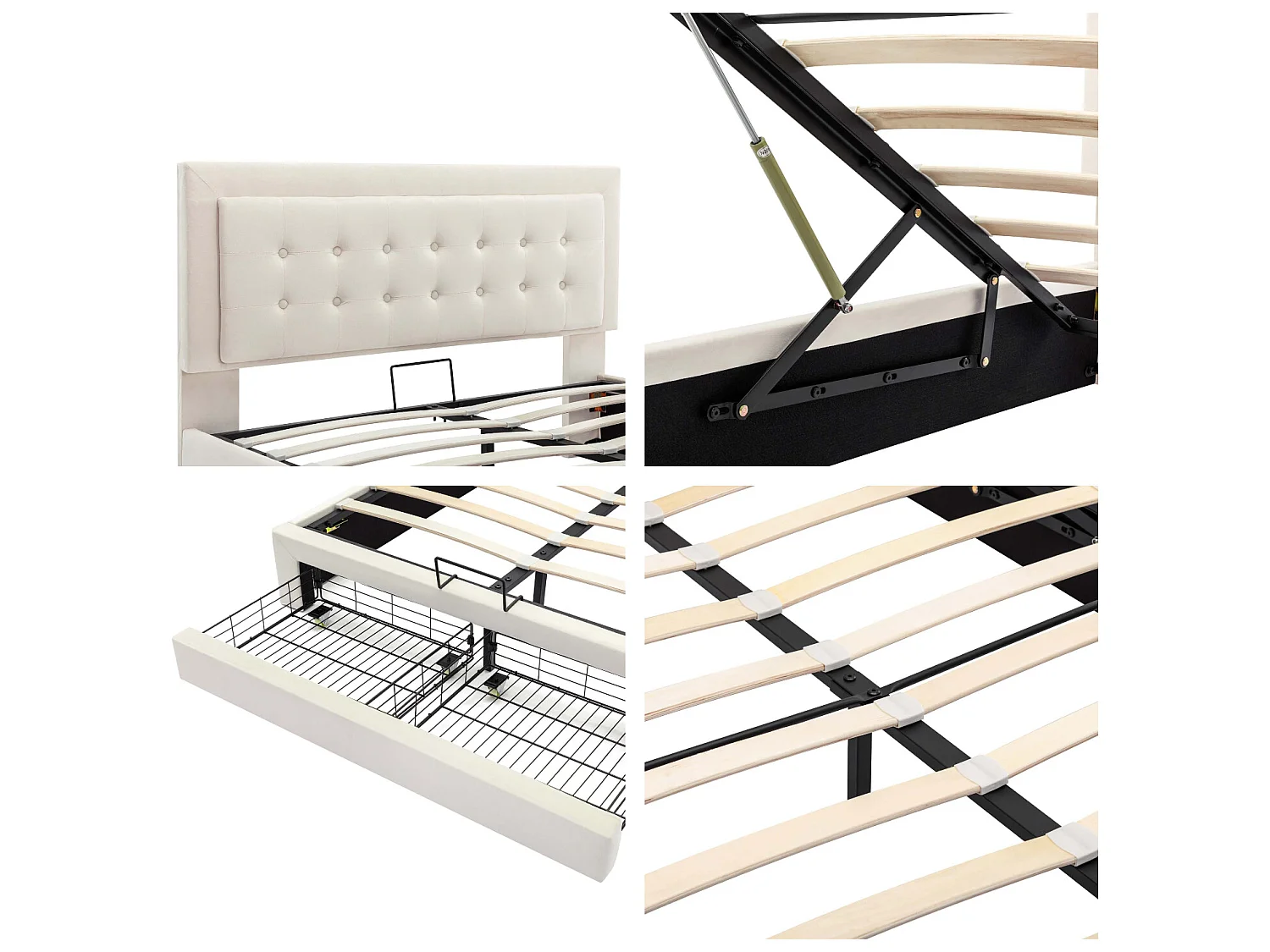 Lit coffre capitonné 140x200cm en velours - avec tiroir et sommier à lattes - Beige (sans matelas)