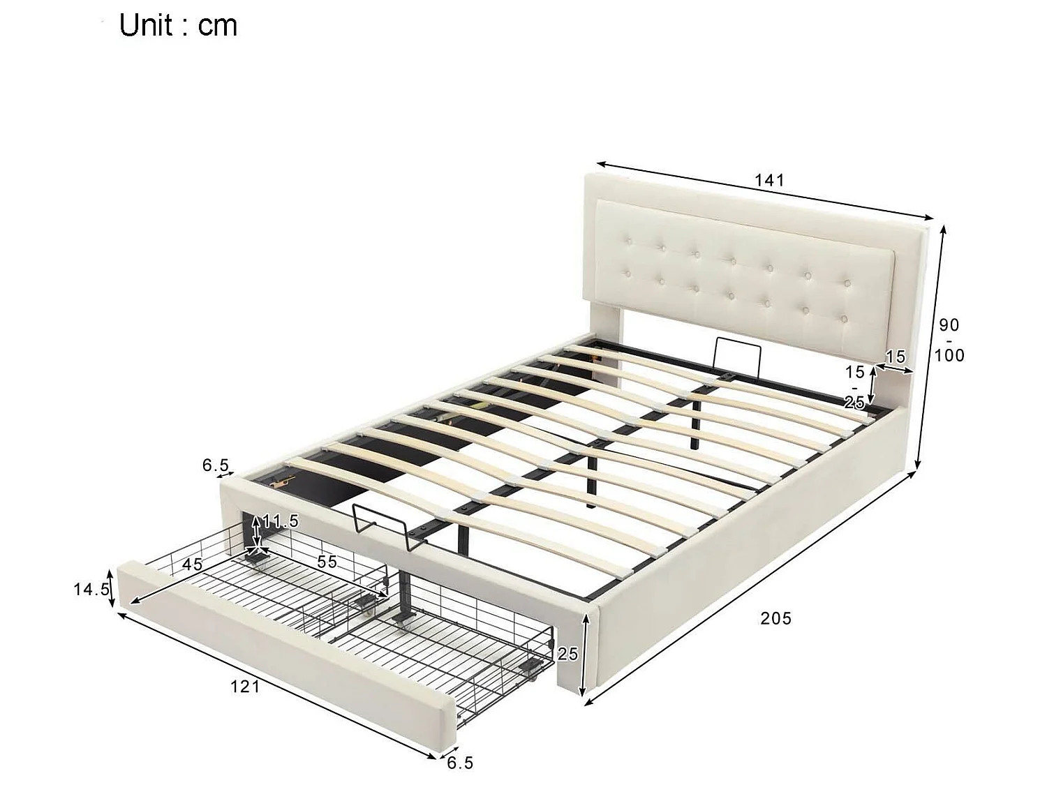 Lit coffre capitonné 140x200cm en velours - avec tiroir et sommier à lattes - Beige (sans matelas)