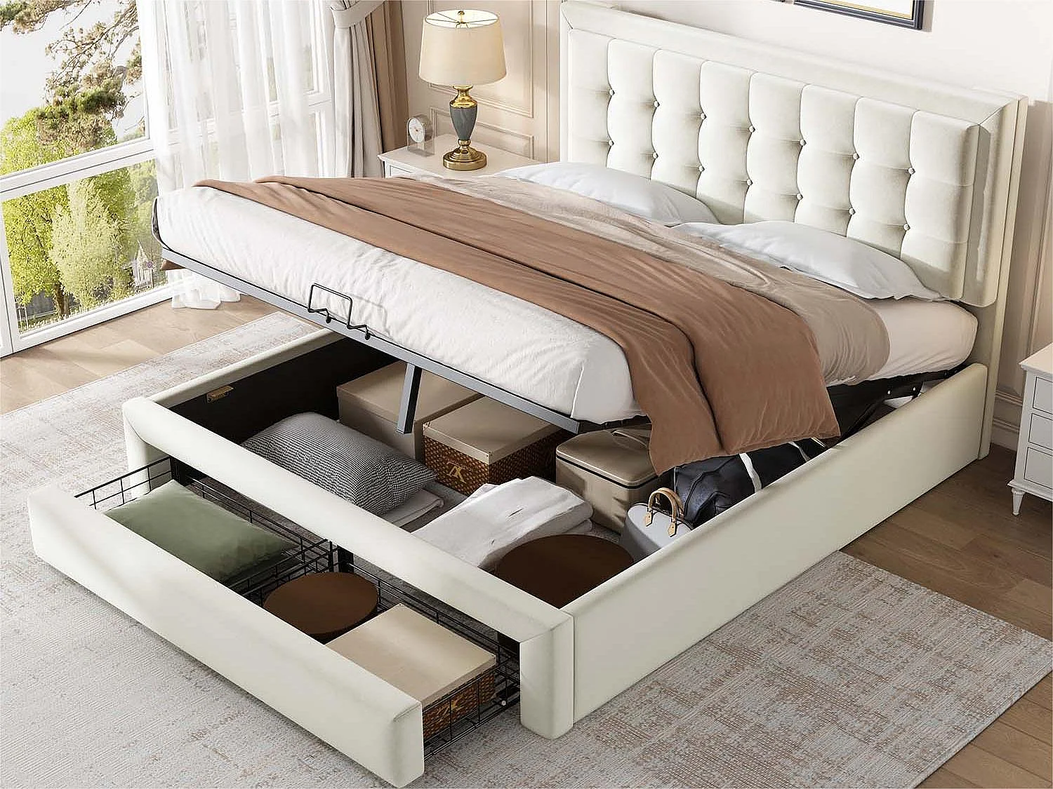 Gewatteerd opbergbed 140x200cm in fluweel - met lade en lattenbodem - Beige (zonder matras)