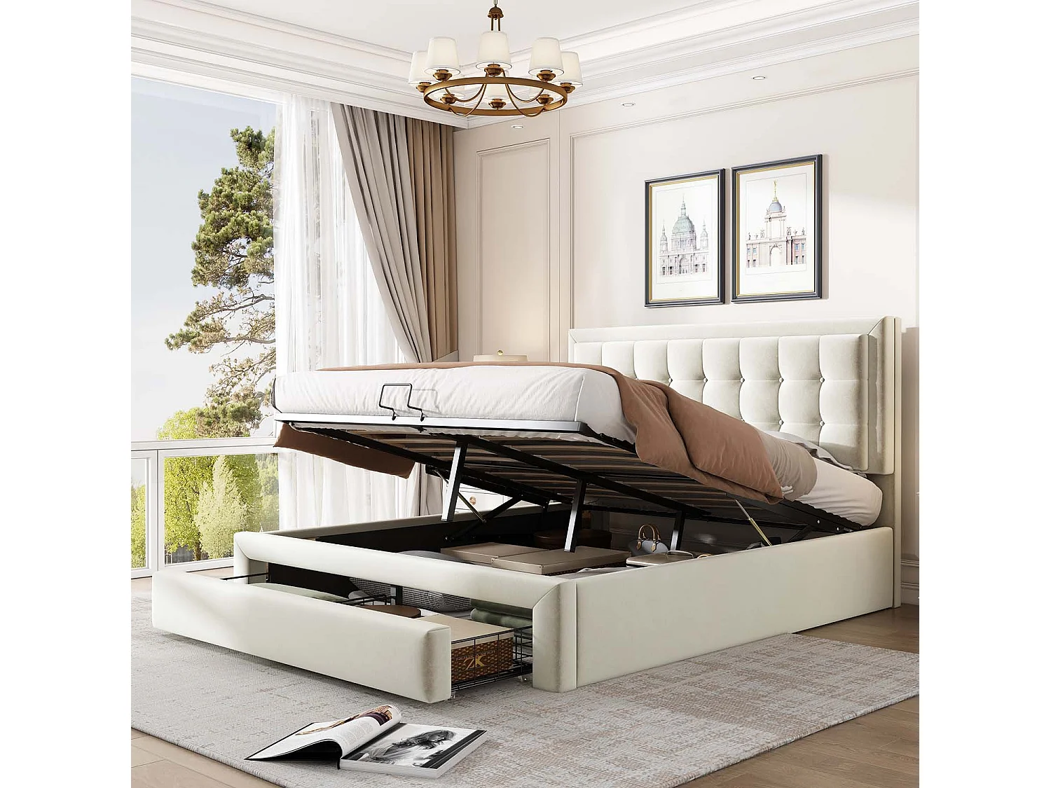 Gewatteerd opbergbed 140x200cm in fluweel - met lade en lattenbodem - Beige (zonder matras)