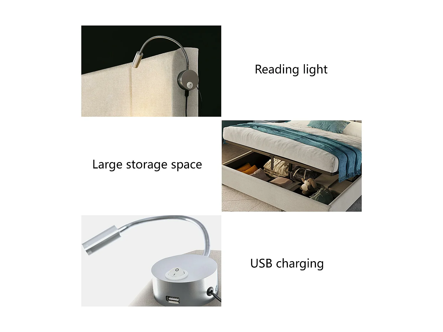 Letto contenitore 160x200 cm in tessuto di lino - con luci di lettura e porte di ricarica USB - con rete a doghe - Beige