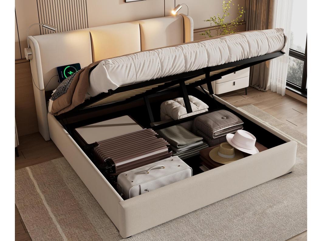 Letto contenitore 160x200 cm in tessuto di lino - con luci di lettura e porte di ricarica USB - con rete a doghe - Beige