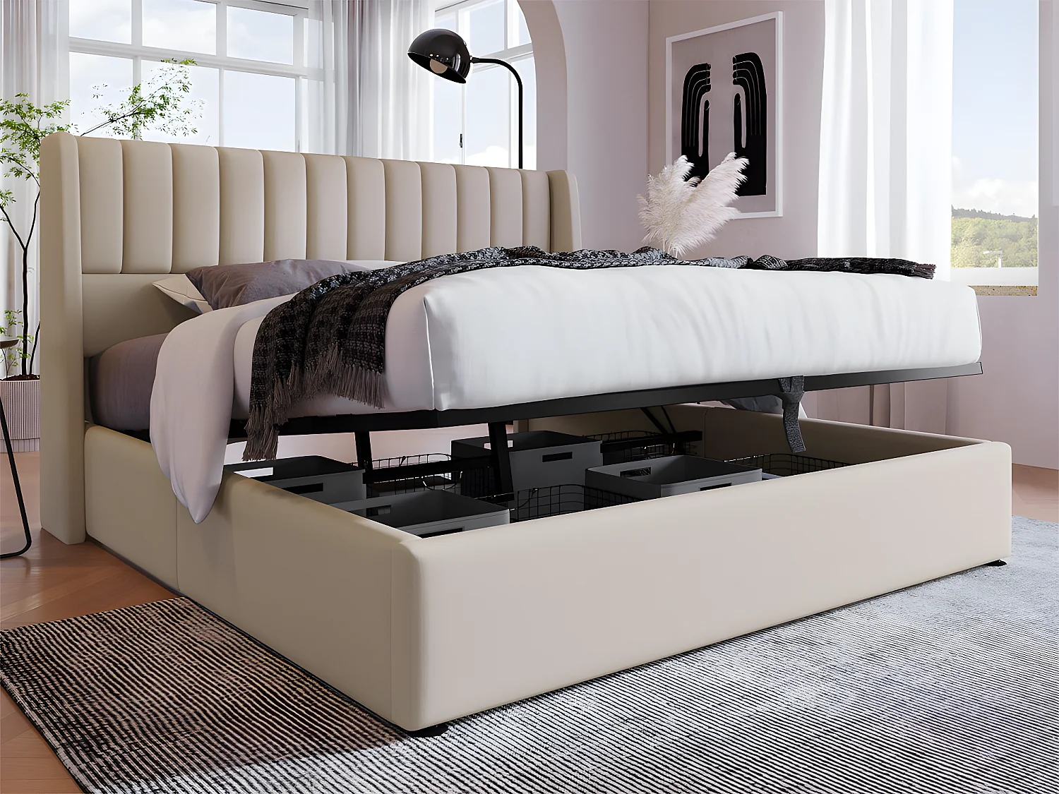 Lit coffre rembourré 140x200cm en lin avec sommier à lattes - Beige