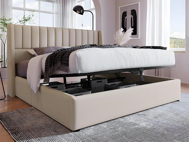 Gepolstertes Stauraumbett 140 x 200 cm aus Leinen mit Lattenrost – Beige