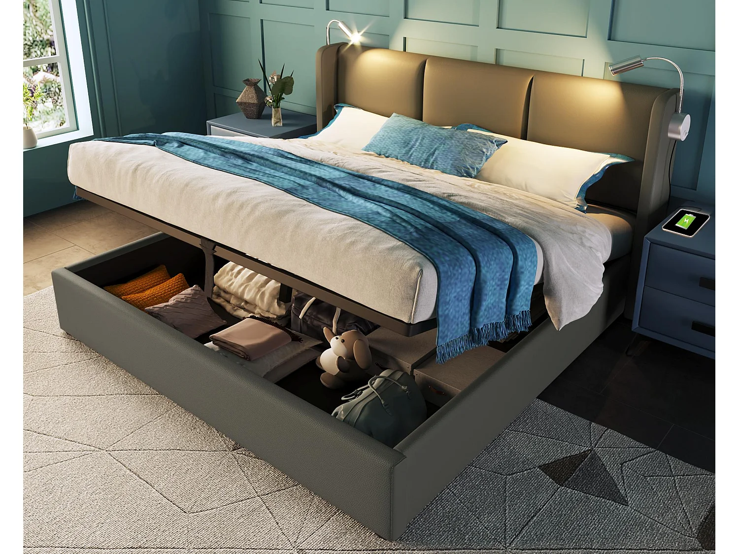 160 x 200 cm großes Stauraumbett aus Kunstleder – mit Leselampen und USB-Ladeanschlüssen – mit Lattenrost – Grau