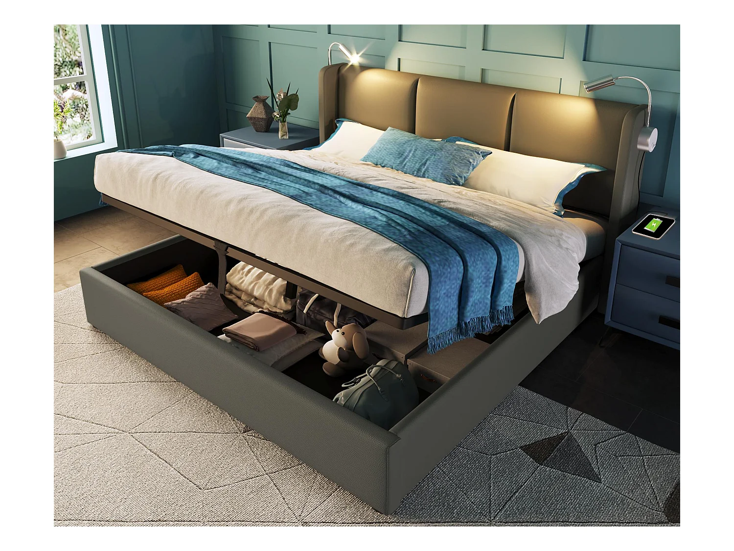 Lit coffre 160x200cm en similicuir - avec lampes de lecture et Ports de charge USB - avec sommier à lattes - Gris