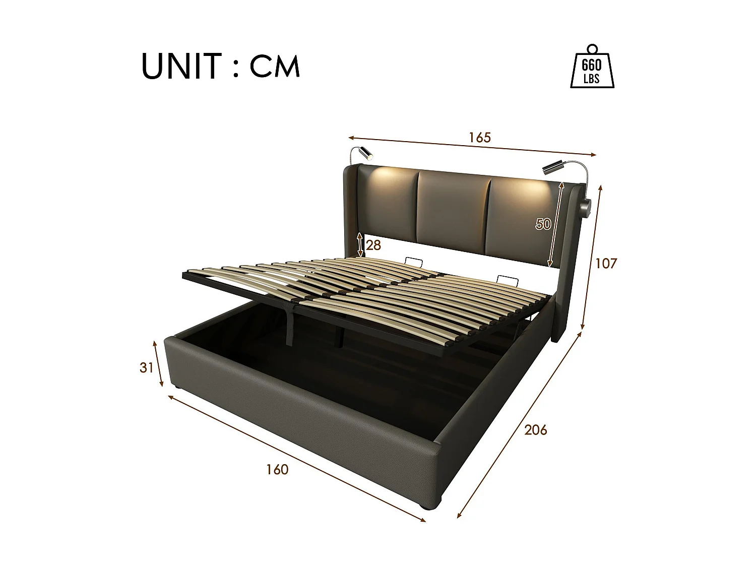 Lit coffre 160x200cm en similicuir - avec lampes de lecture et Ports de charge USB - avec sommier à lattes - Gris