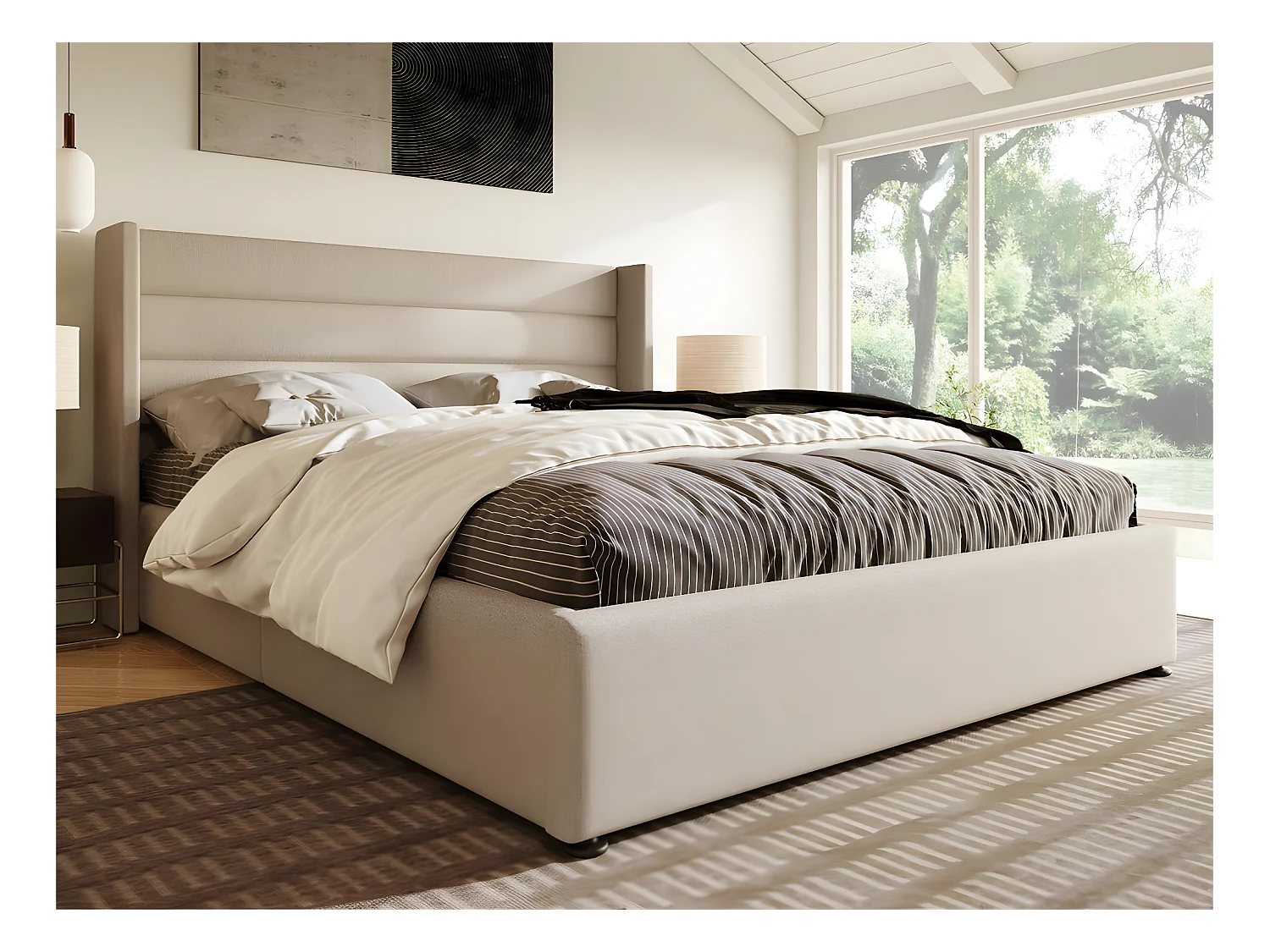 Lit coffre 180x200cm en lin avec sommier à lattes - Beige