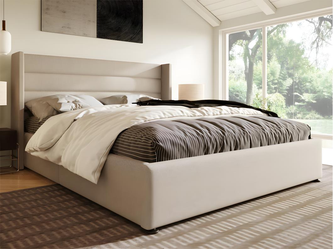 Cama con almacenaje de lino 180x200 cm con somier de láminas - Beige
