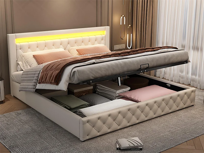 Cama contenedor tapizada en piel sintética con LED - 180x200 cm - con somier - Blanco