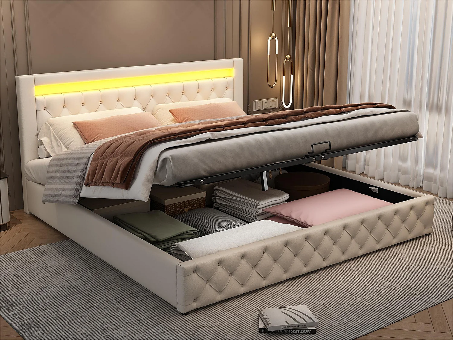 Cama contenedor tapizada en piel sintética con LED - 180x200 cm - con somier - Blanco