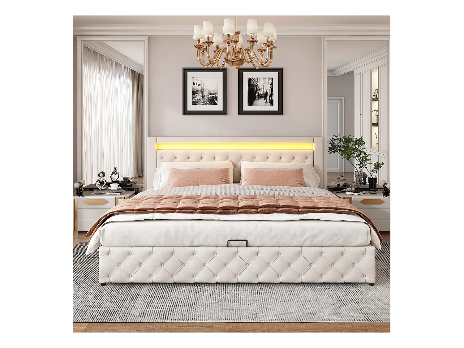 Cama contenedor tapizada en piel sintética con LED - 180x200 cm - con somier - Blanco