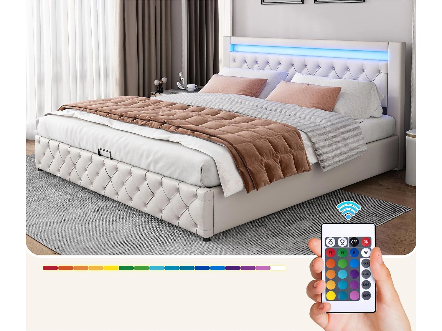 Cama contenedor tapizada en piel sintética con LED - 180x200 cm - con somier - Blanco