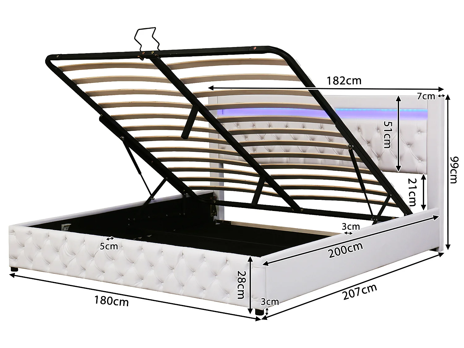 Cama contenedor tapizada en piel sintética con LED - 180x200 cm - con somier - Blanco
