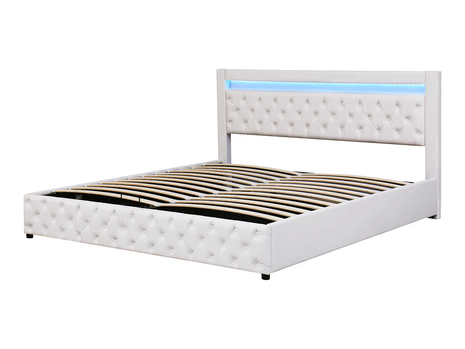 Cama contenedor tapizada en piel sintética con LED - 180x200 cm - con somier - Blanco