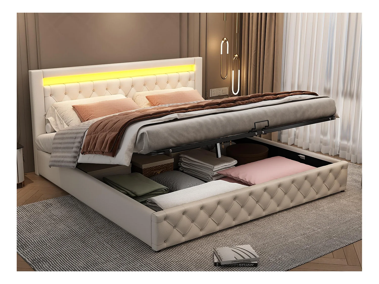 Gestoffeerd kunstleer opbergbed met LED - 180x200cm - met lattenbodem - Wit