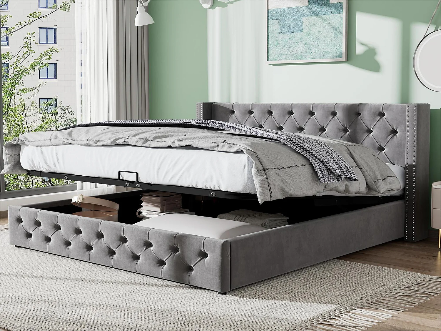 140 x 200 cm großes Samtbett mit Lattenrost – Grau