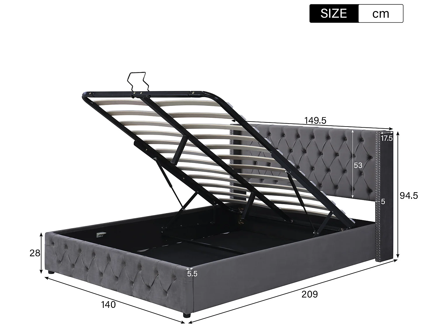 140 x 200 cm großes Samtbett mit Lattenrost – Grau