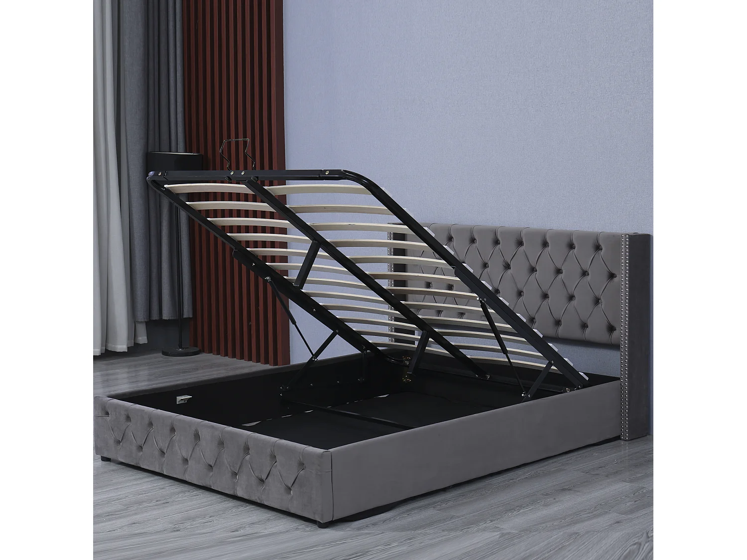 140 x 200 cm großes Samtbett mit Lattenrost – Grau