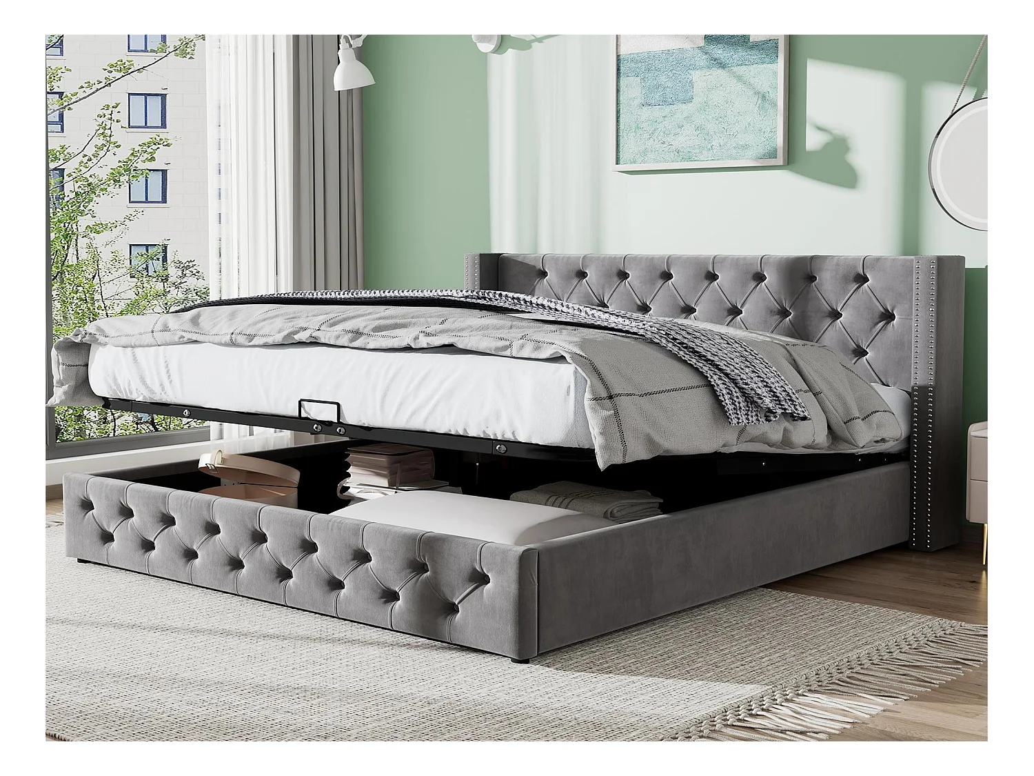 140x200cm fluwelen opbergbed met lattenbodem - Grijs