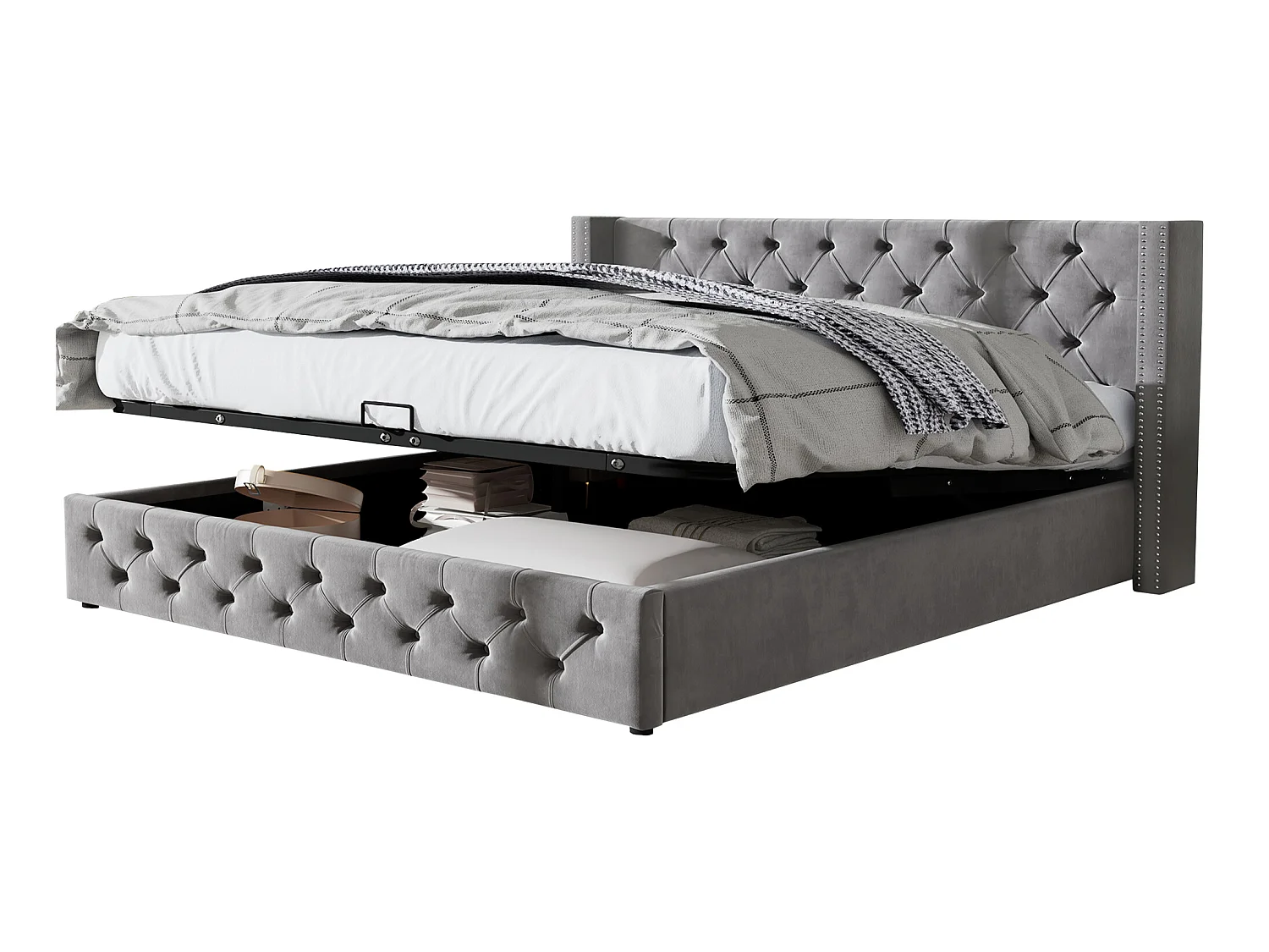 Cama contenedor de terciopelo con somier de láminas 140x200 cm - Gris