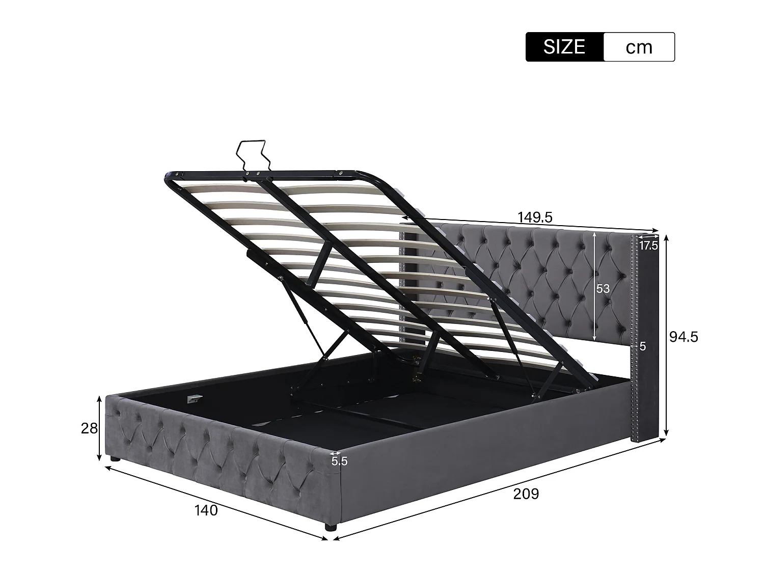 Cama contenedor de terciopelo con somier de láminas 140x200 cm - Gris