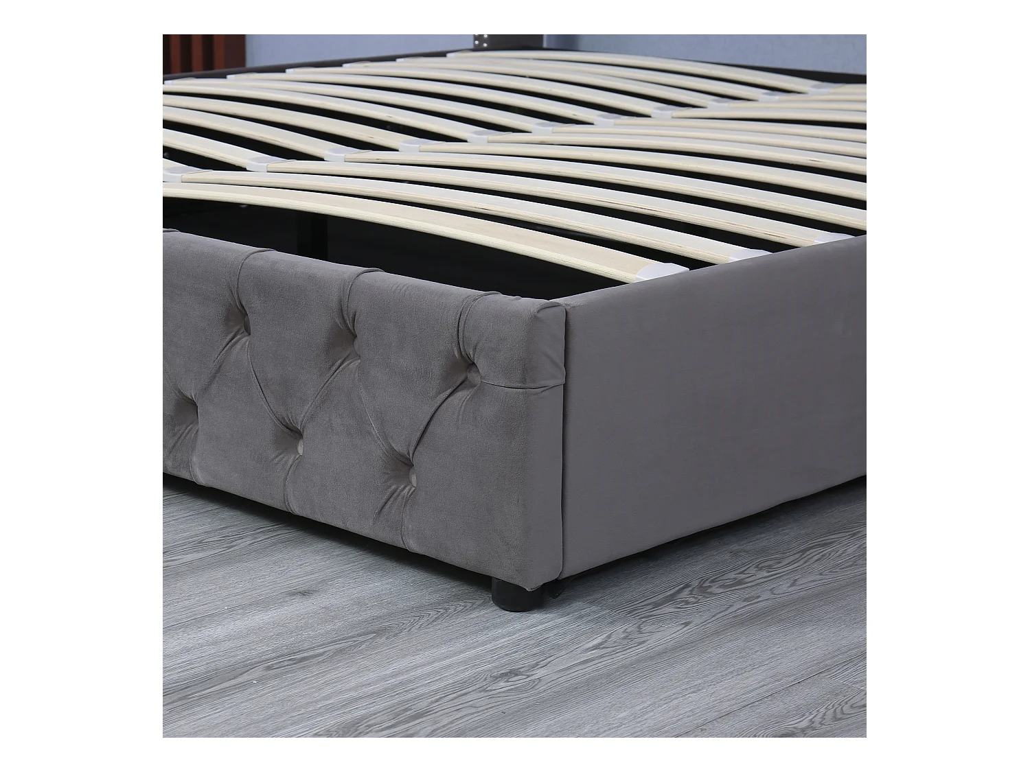 Cama contenedor de terciopelo con somier de láminas 140x200 cm - Gris