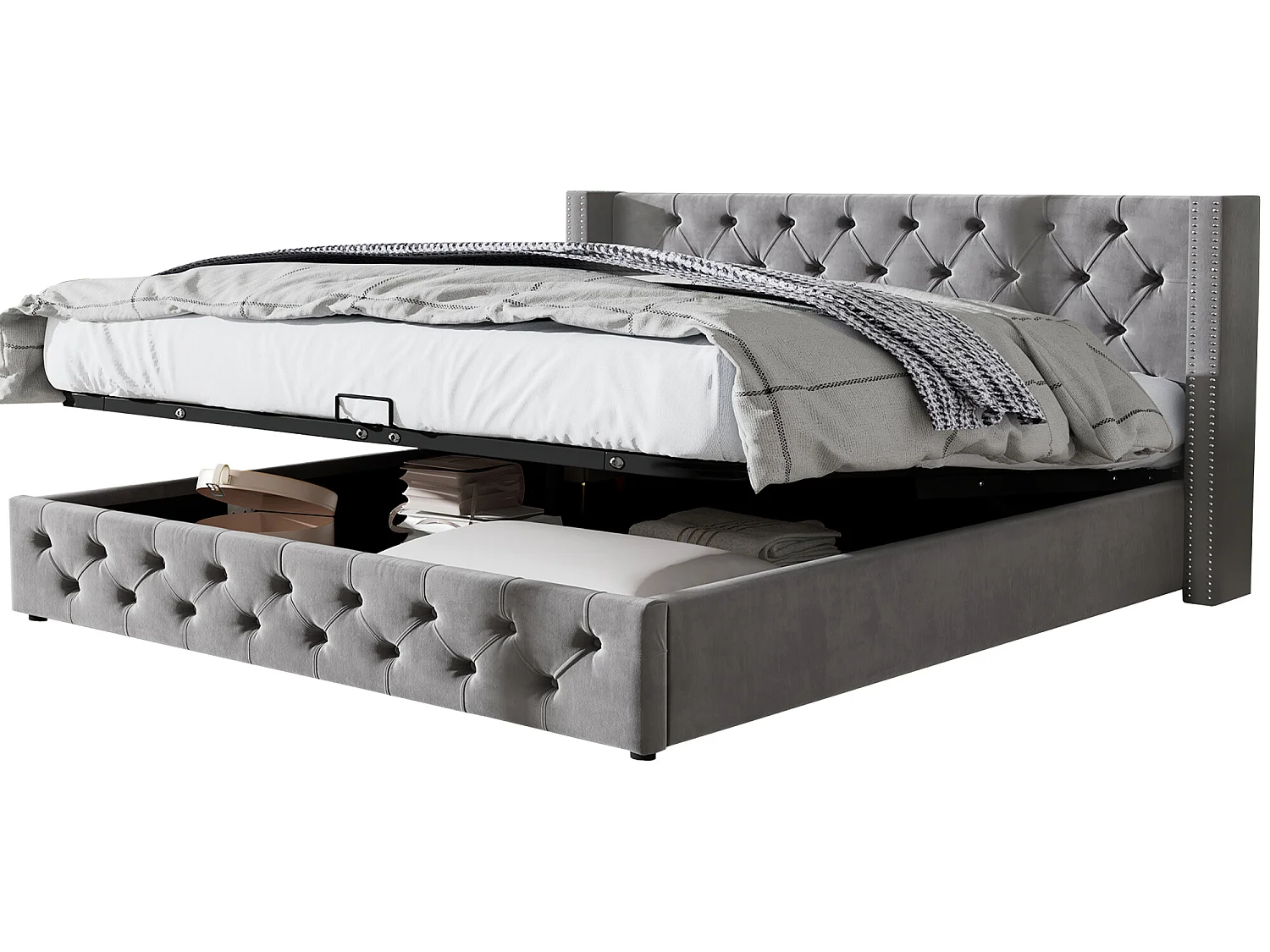 140 x 200 cm großes Samtbett mit Lattenrost – Grau