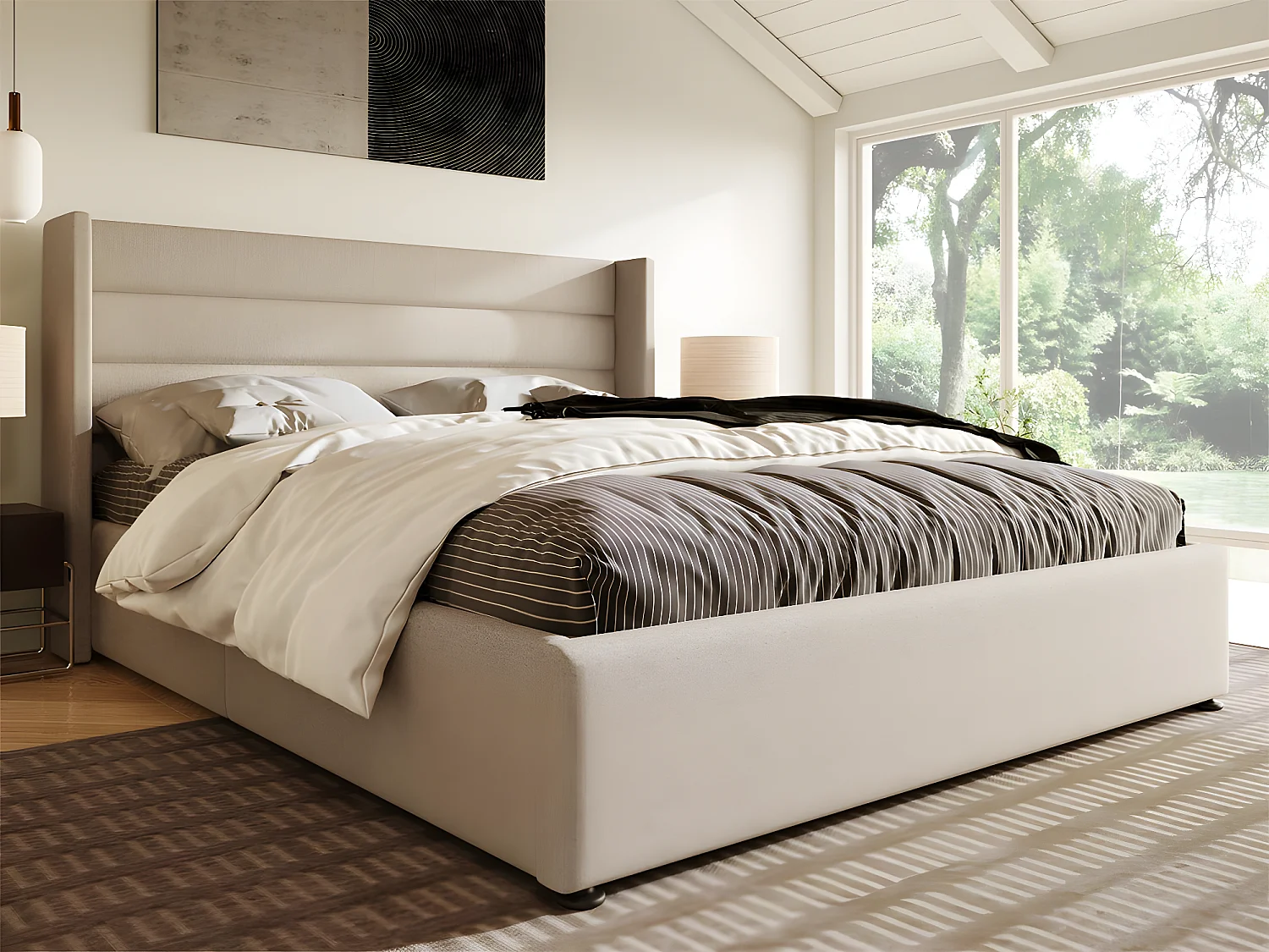 Cama con almacenaje de lino 160x200 cm con somier de láminas - Beige