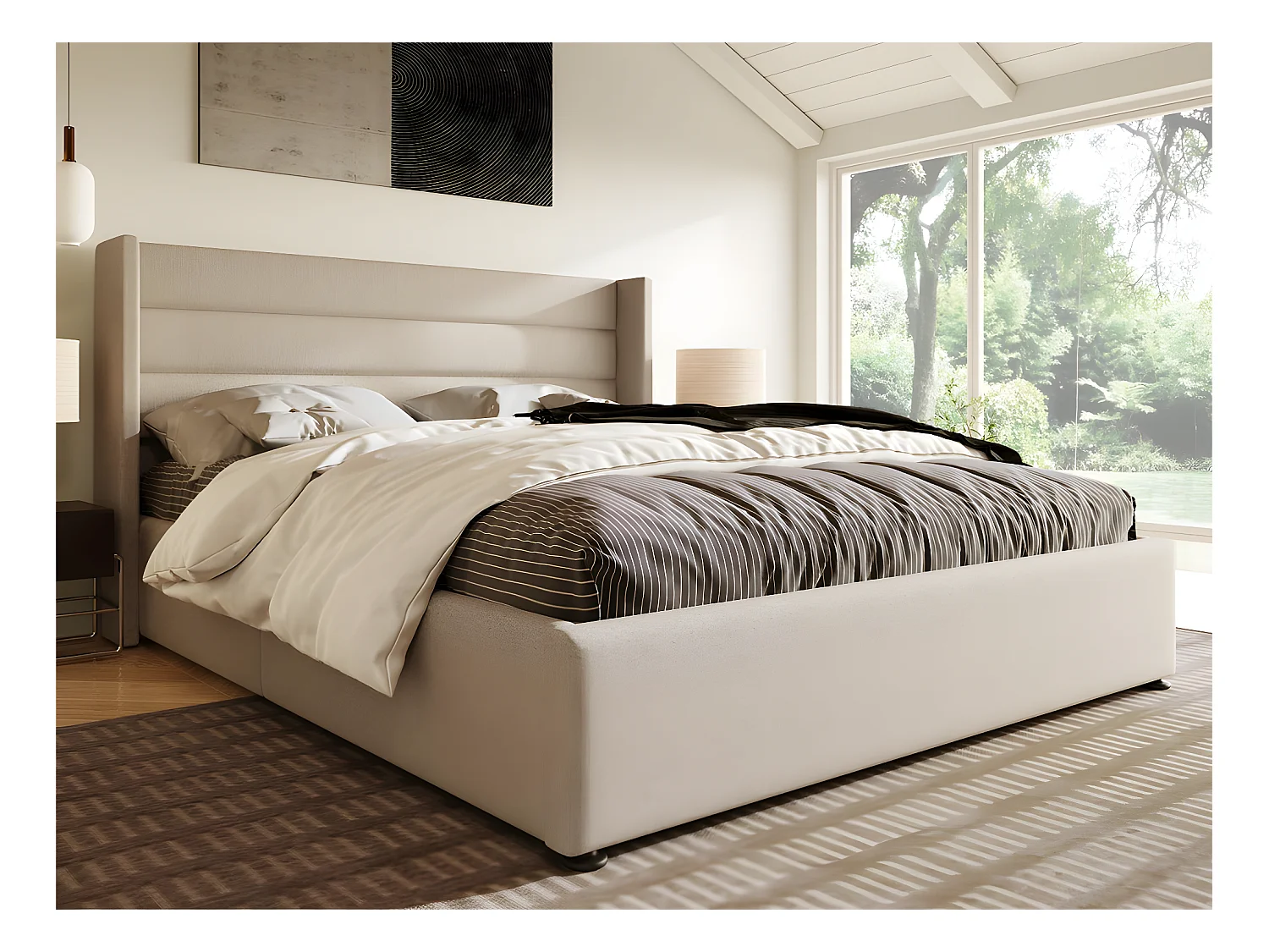 Lit coffre 160x200cm en lin avec sommier à lattes - Beige