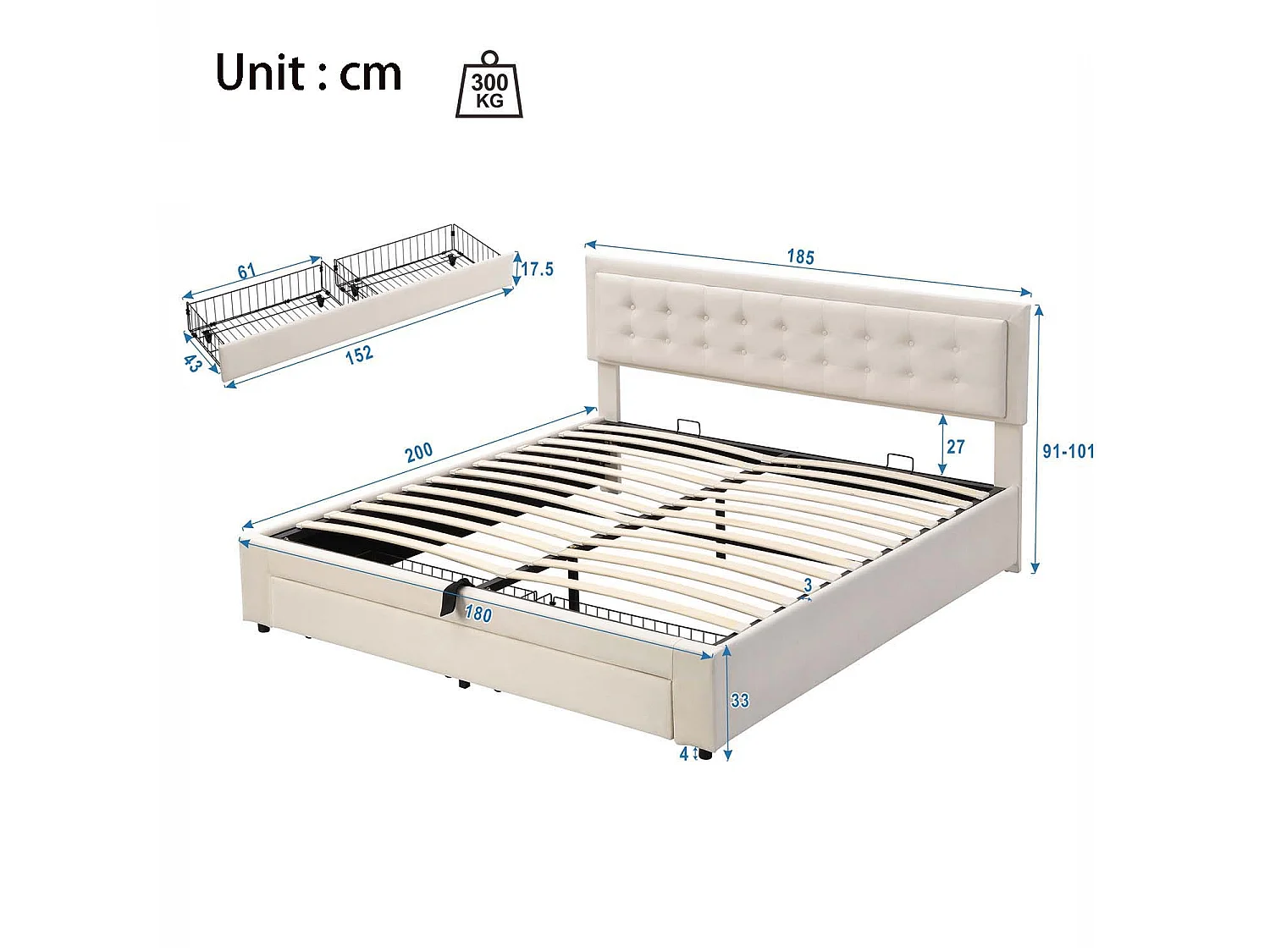 Gewatteerd opbergbed 180x200cm in fluweel - met lade en lattenbodem - Beige (zonder matras)