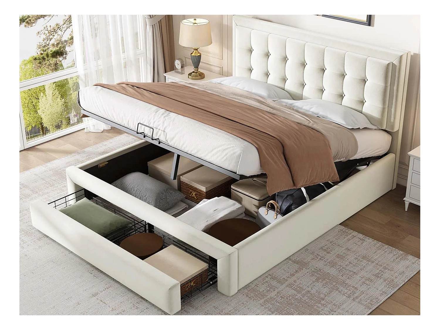 Lit coffre capitonné 180x200cm en velours - avec tiroir et sommier à lattes - Beige (sans matelas)