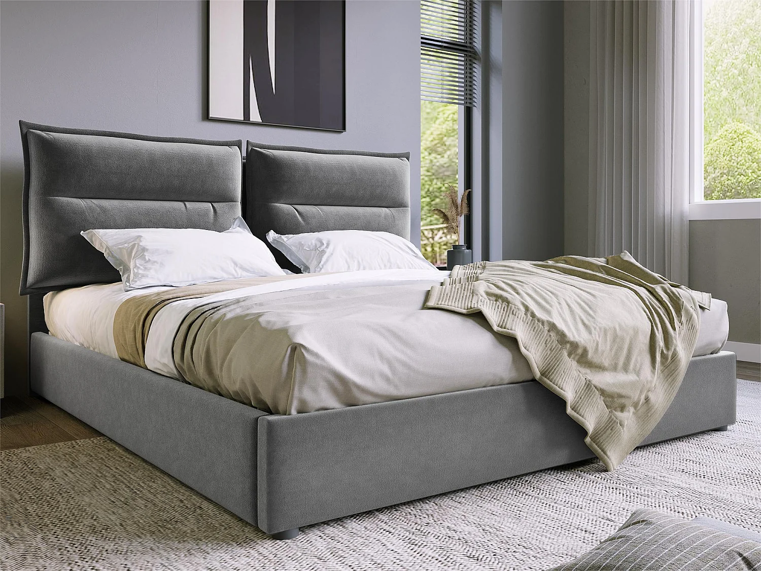 Samtgepolstertes Stauraumbett 140 x 200 cm mit verstellbarem Kopfteil und Lattenrost – Grau