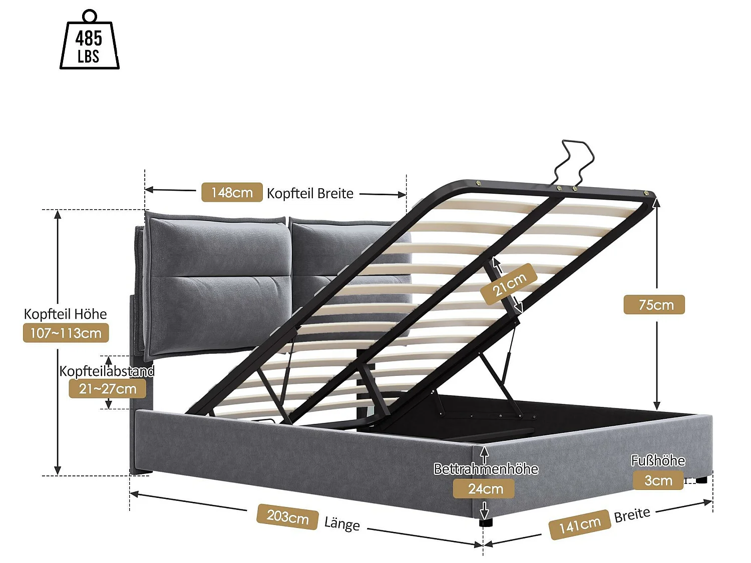 Cama contenedor acolchada de terciopelo 140x200 cm con cabecero ajustable y somier de láminas - Gris