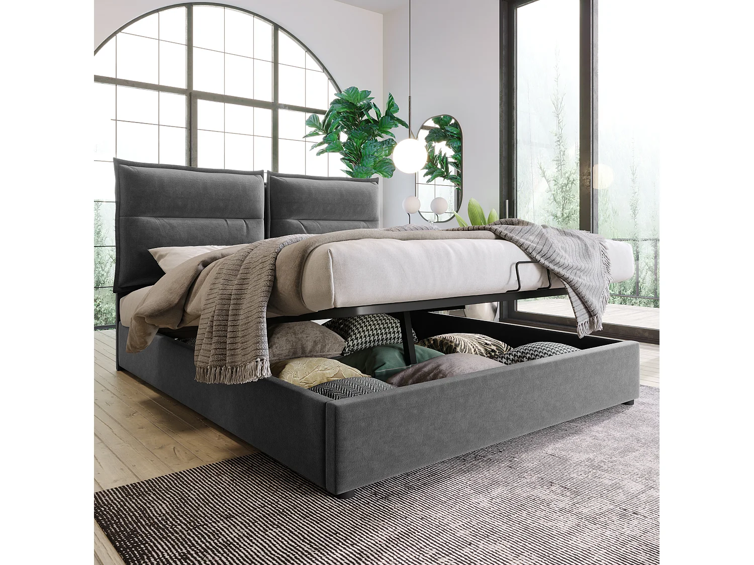 Fluweel gewatteerd opbergbed 140x200cm met verstelbaar hoofdeinde en lattenbodem - Grijs